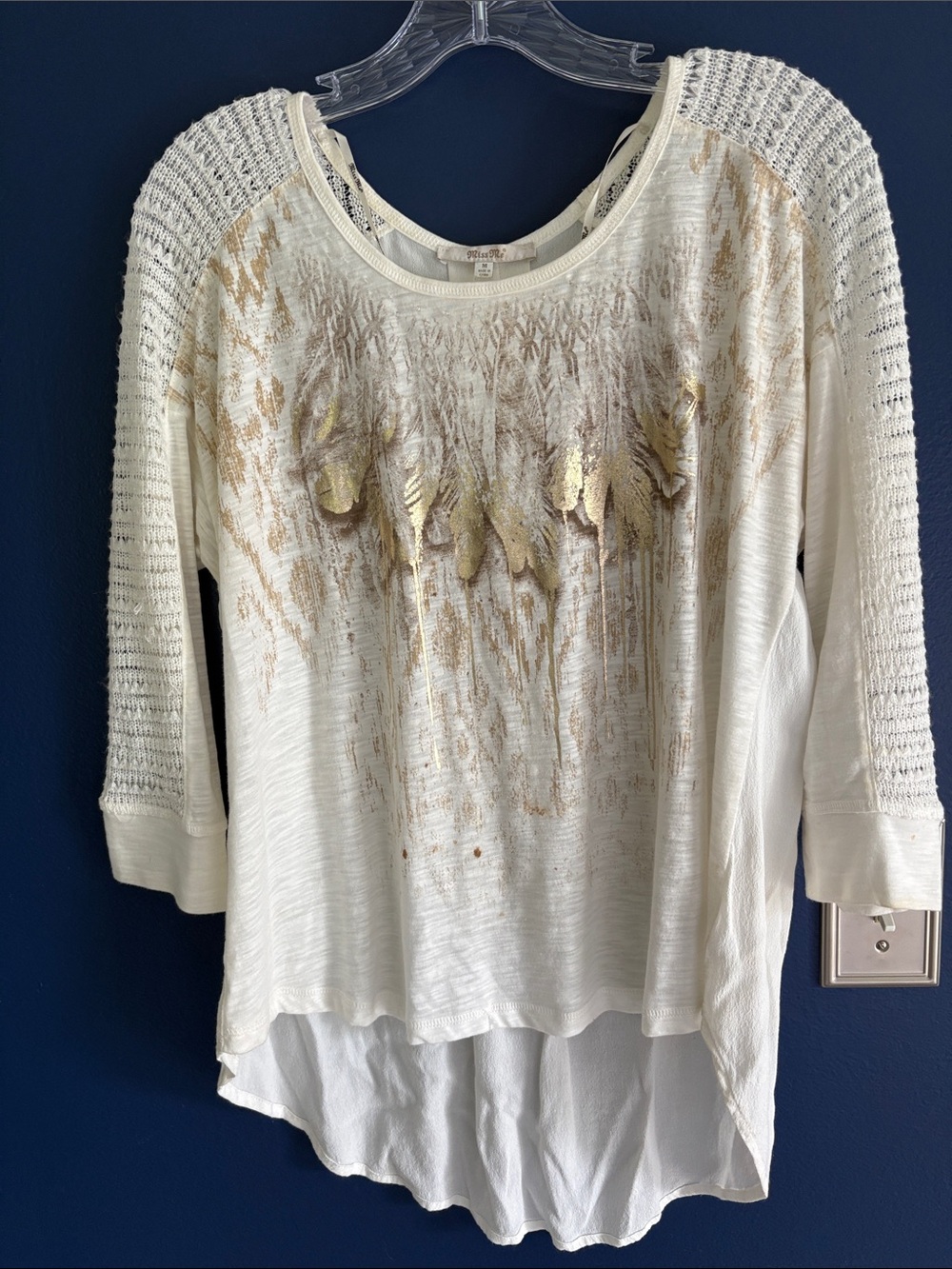 Miss Me Cream Top with Metallic Gold Foil Detail